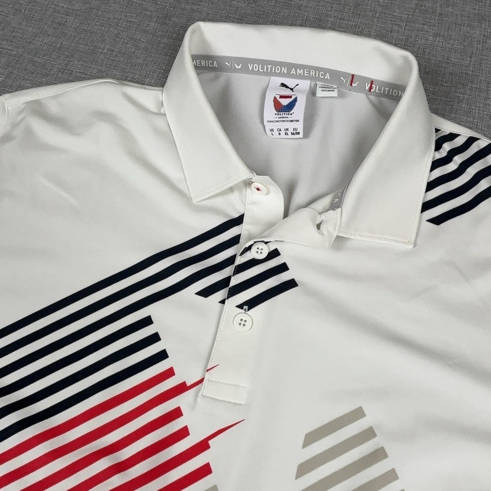 PUMA Volition America Polo Shirt Mens L‎ White Striped Golf Short Sleeve Stretch